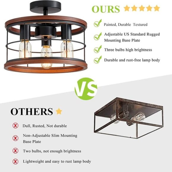 NEW 3-Light Semi Flush Mount Ceiling Light Fixture Vintage Ceiling Light - Picture 5 of 8